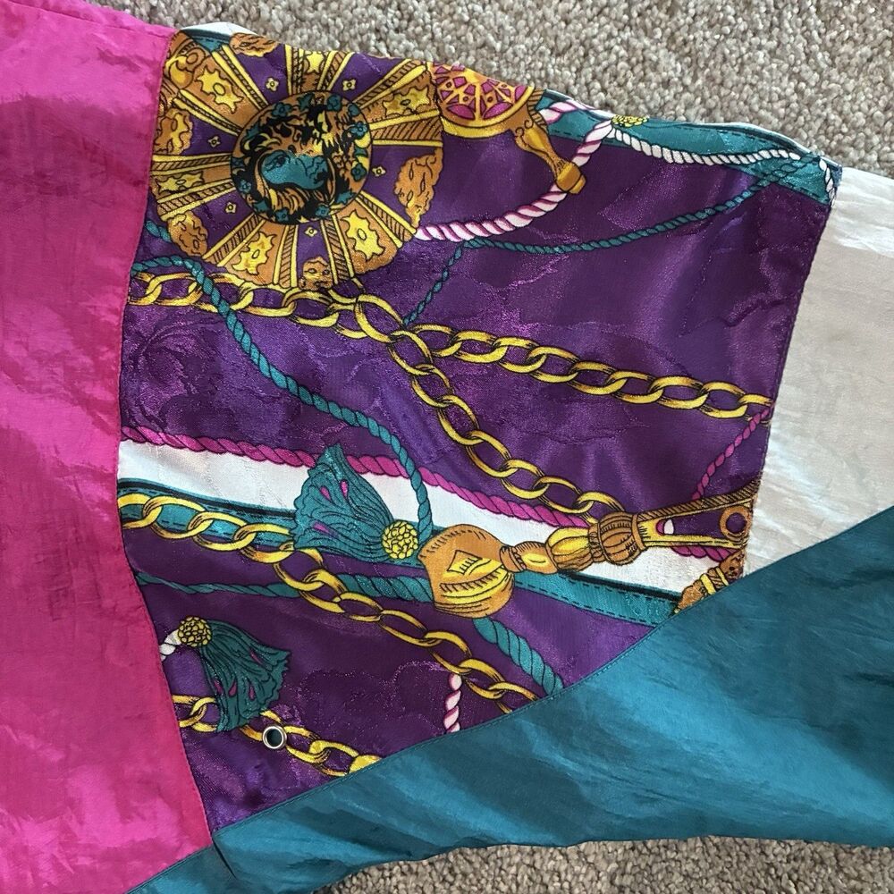 Vintage 80s Color Block Windbreaker Jacket Pink Teal Equestrian Scarf Print Sz L - Picture 8 of 11